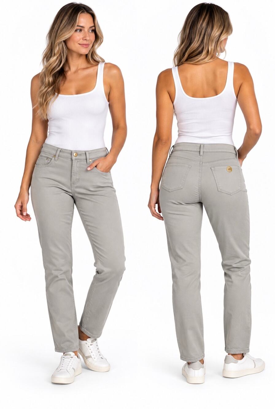 Michael Kors Women's Light Gray Skinny Straight Leg Pants Gold Logo Casual